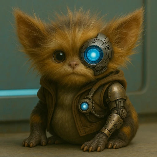 Furry creature with robotic elements and glowing blue eyes on a neutral background. His name is Sprocket.